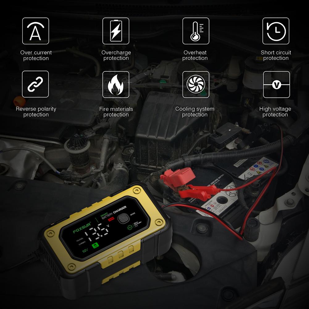 12V 7A Fully Automatic Smart Battery Charger LCD Display Power Pulse Repair Charger Large Screen for Car Motorcycle AGM GEL WET