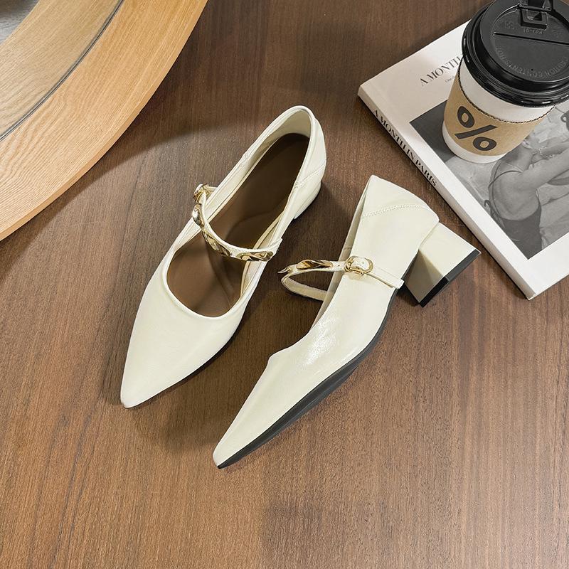 

Lambskin Chunky Heel Mary Jane Flats - 2025 New Pointed Toe, Low-Cut, Retro Gold Bar One-Strap Shoes Size 38