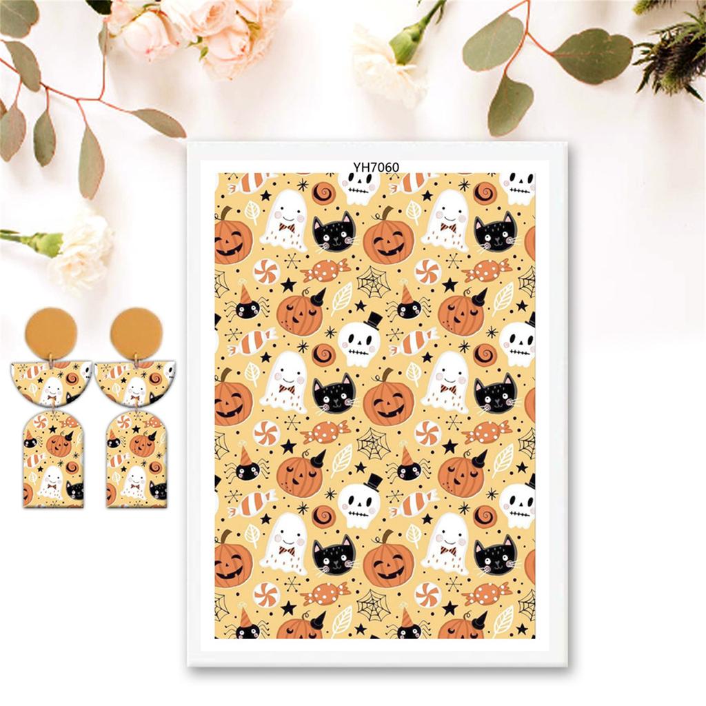 Halloweenské dýně Lebka Netopýr Papír pro přenos na polymerovou hmotu pro výrobu náušnic a šperků z polymerové hmoty Vodou rozpustný přenosový list na polymerovou hmotu