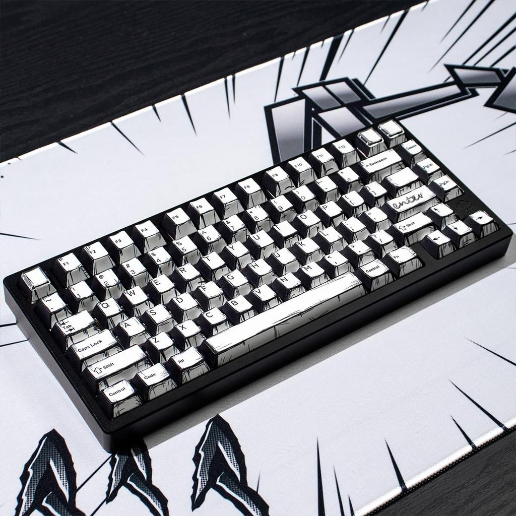 Retro PBT Keycaps Japanese Cartoon Theme Keycap Set 141 Key Cherry Profile Dye Sublimation Keycaps Black and White Keycaps for Cherry MX Mechanical