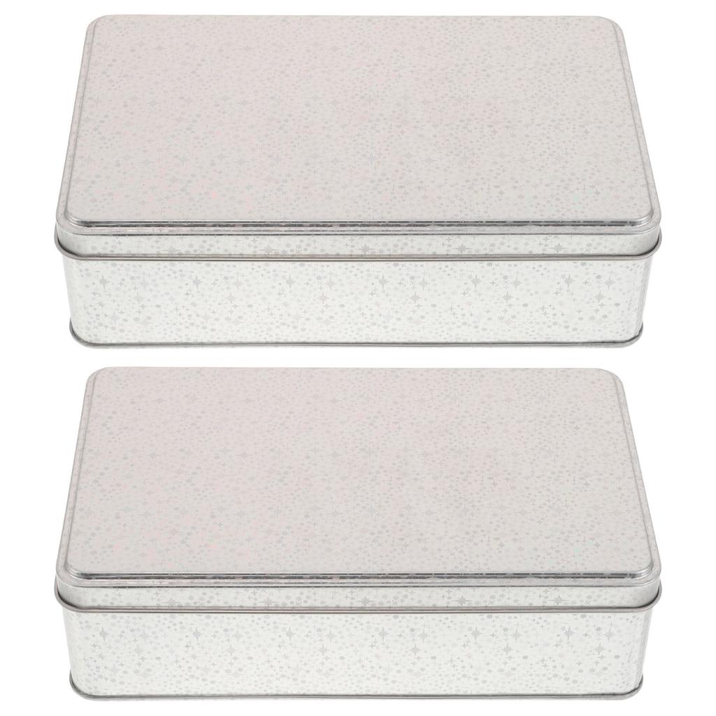 2Pcs Rectangular Metal Tin Box with Lid Silver Tinplate Storage Container for Cookies Snacks Candy Jewelry Cake Wedding Party