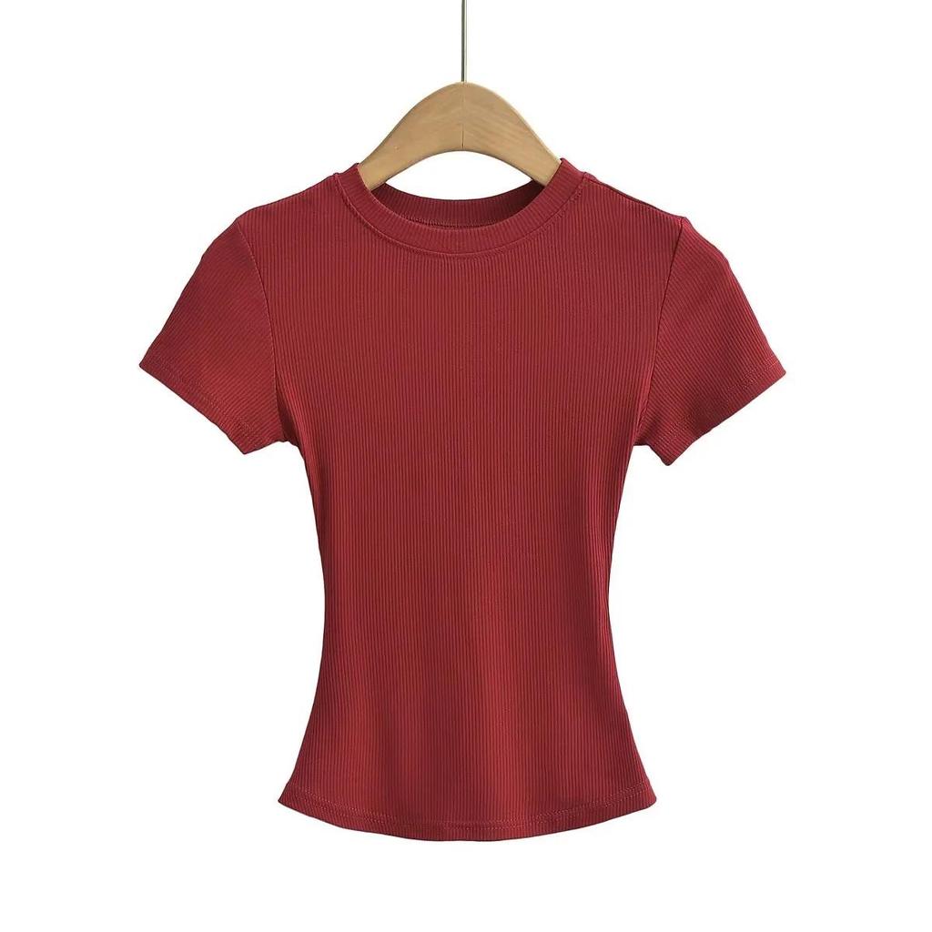 Women's Summer Stretch Slim Fit Ribbed Crop Top - Round Neck, Short Sleeve, Solid Color