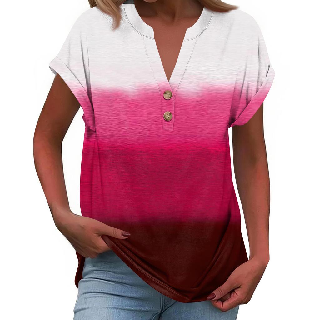 Women's Fashionable Casual Loose-Fit Short-Sleeved Button-Up V-Neck Printed T-Shirt Top