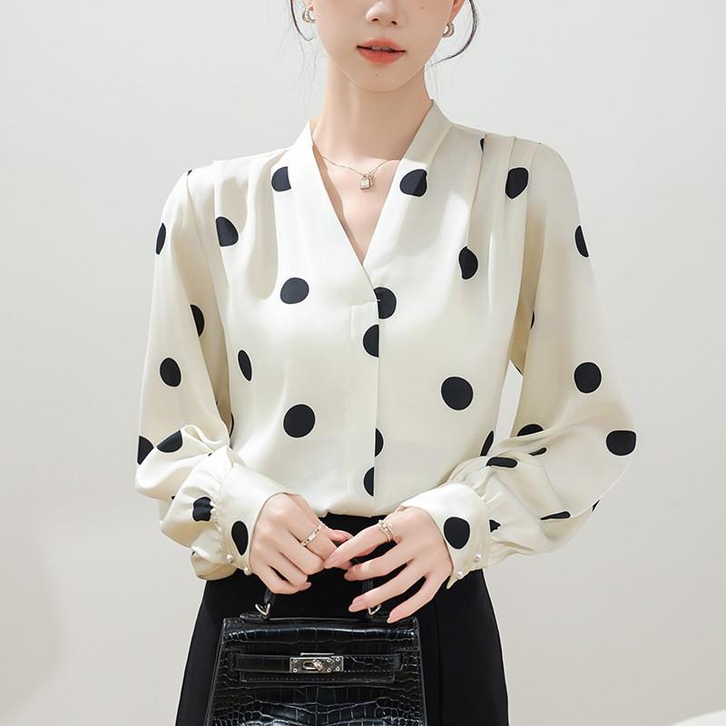 Womens Elegant Polka Dot Blouse Vintage Satin Shirt With Floral Ribbon Detail