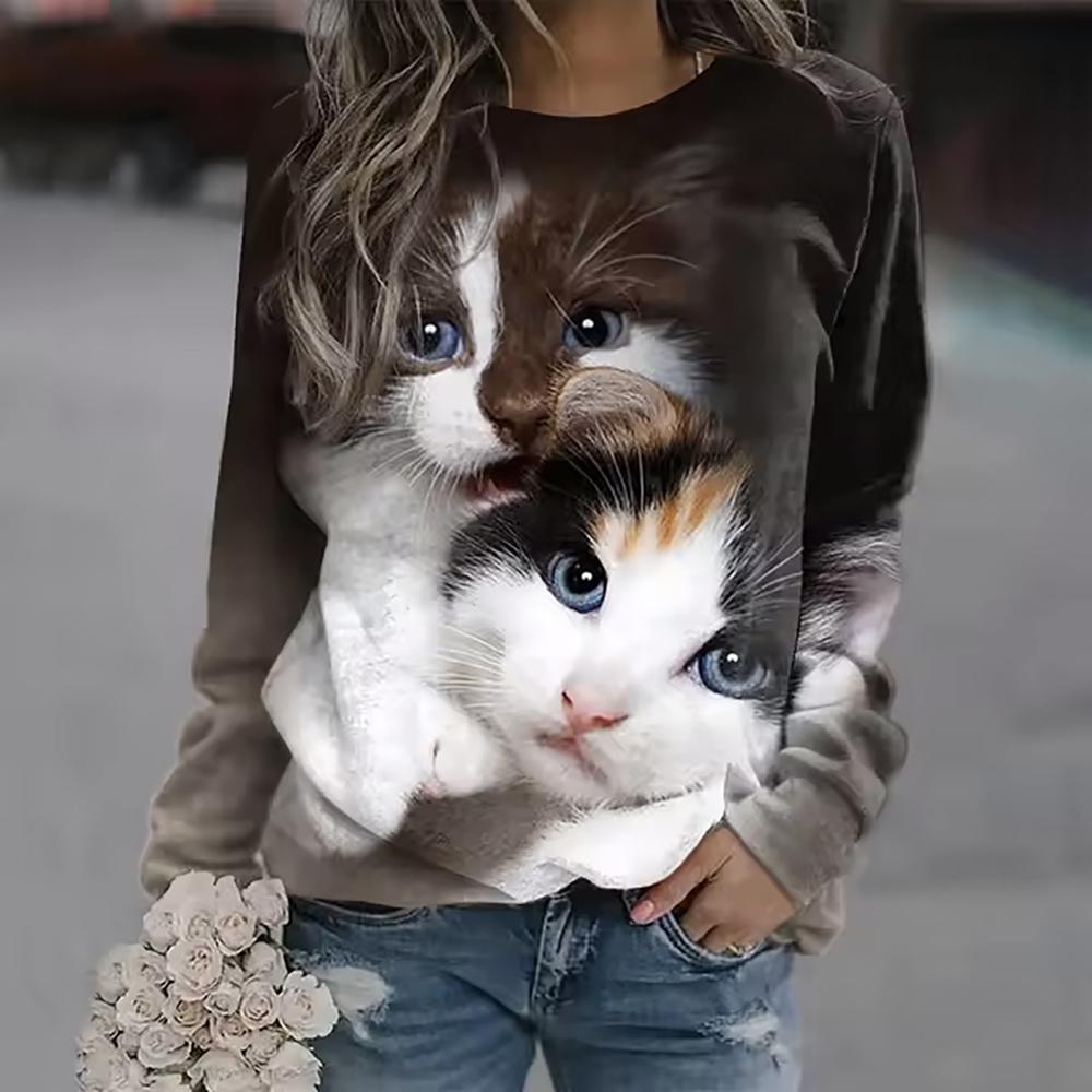 Women's Crew Neck Hoodie Sweatshirt Cat Graphic 3D Print Daily Basic Casual Long Sleeve Tops Gray Brown White