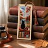 Seasonal Cat Cross-Stitch Bookmark, Four Seasons Black Cat Bookmark with Braided Rope, Handcrafted Book Page Marker for Book Lovers