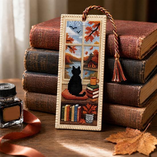 Seasonal Cat Cross-Stitch Bookmark, Four Seasons Black Cat Bookmark with Braided Rope, Handcrafted Book Page Marker for Book Lovers