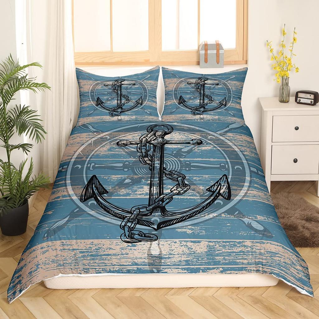 Nautical Duvet Cover Set Boat Pirate Bedding Set King Size Retro Sailboat Brown Comforter Cover Anchor Compass Vintage Quilt Set
