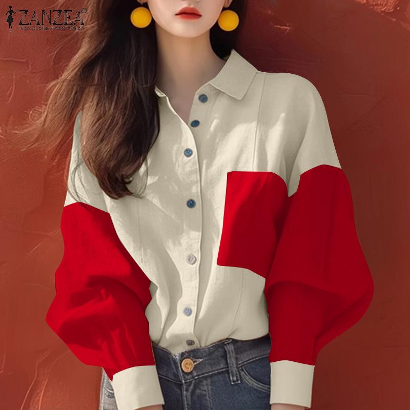 ZANZEA Bluză cu mâneci lungi, cu guler răsturnat pentru femei