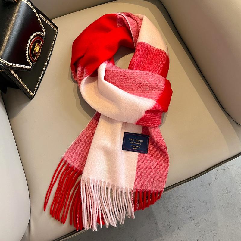 100 pure wool plaid scarf women's winter new girls autumn and winter green high-end feeling with coat scarf