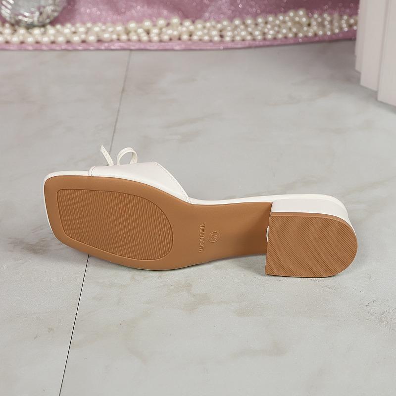 Plus Size Women Bow Chunky Mid Heel Square Toe Slide Slippers