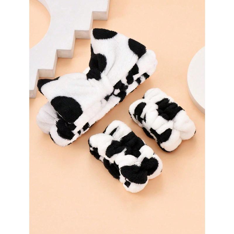 1pc Cow Pattern Bath Headband & 2pcs Bath Wrist Band, Polyester Cow Decor Facial Makeup Headband & Wrist Wash Band