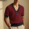 INCERUN Men V Neck Short Sleeve Stitching Casual Loose T-shirts Rib Tops