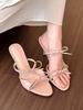 Soft leather version~ nude one-word sandals with bow women's 2025 summer new thin heel versatile casual high heels