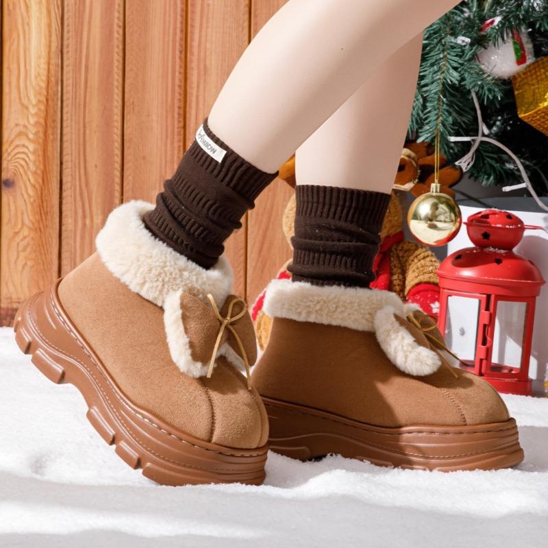 Thick Soled Butterfly Knot Women Cotton Shoes Winter  Warm Furry Outdoor Non Slip Platform Faux Fur Street Girl Snow Boots