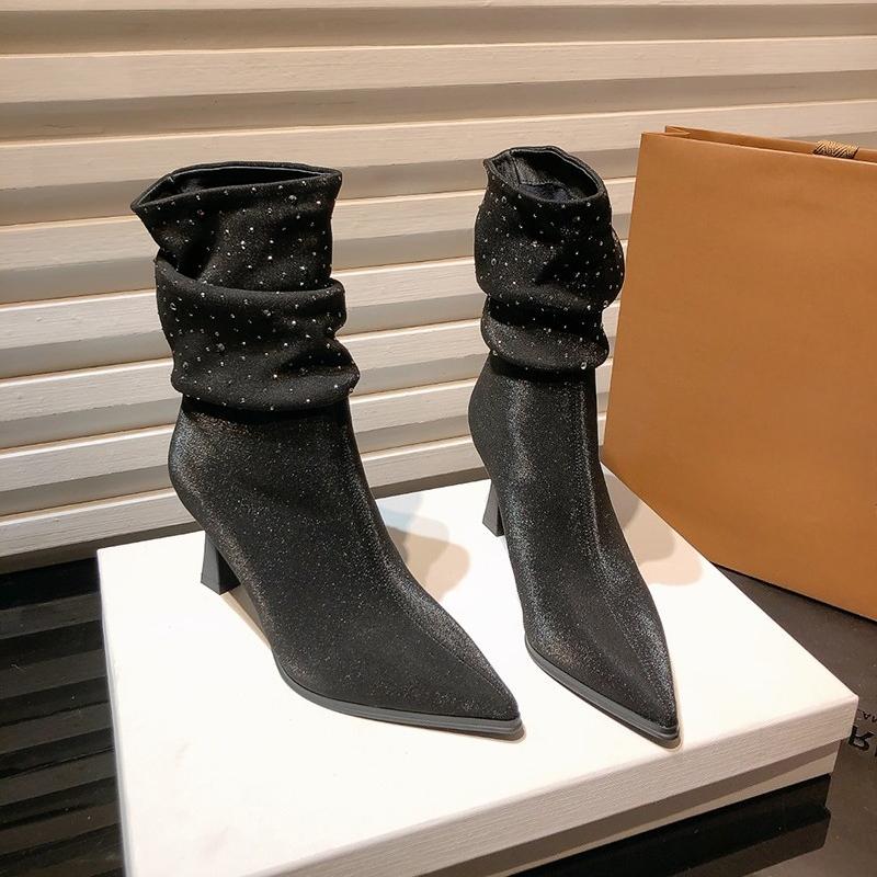 Fashion Autumn Winter Crystal Woman High Heel Ankle Boots Shoes Fashion Pointed Toe Slip On Shoes Ladies Modern Short Botas Para Mujer