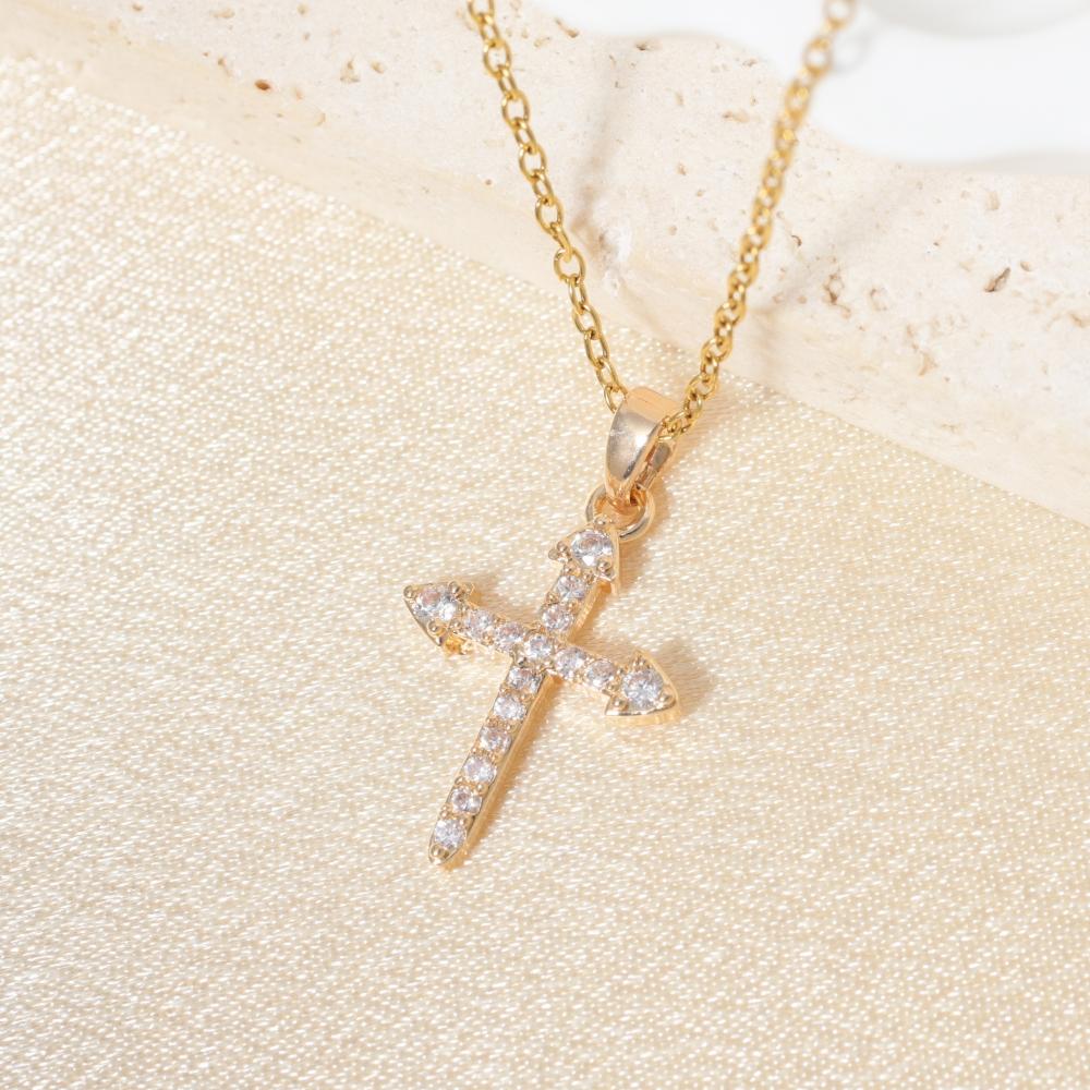 Golden Zirconia Arrow Cross Pendant Necklace, Dainty Jewelry for Women