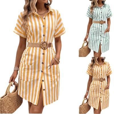 Women's Striped Shirt Dress Short Sleeve Button Front Casual Loose Fit Dress With Pockets