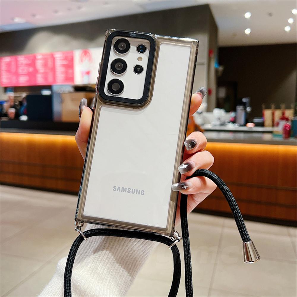 

Противоударный ремешок для телефона Samsung Galaxy S24 Ultra S23 Plus S22 S21 S20 FE A24 A54 A14 ремешок через плечо прозрачный чехол For S24 Ultra&Case & Strap