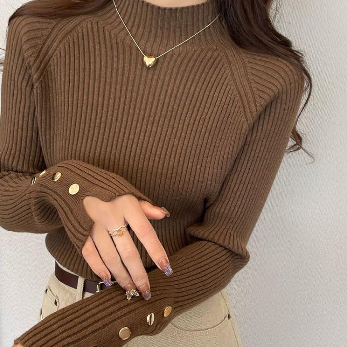 Autumn Winter Sweater Women Pullovers Long Sleeve Tops Clothes Slim Knit Soft Jumper Streetwear Button Turtleneck Sweater