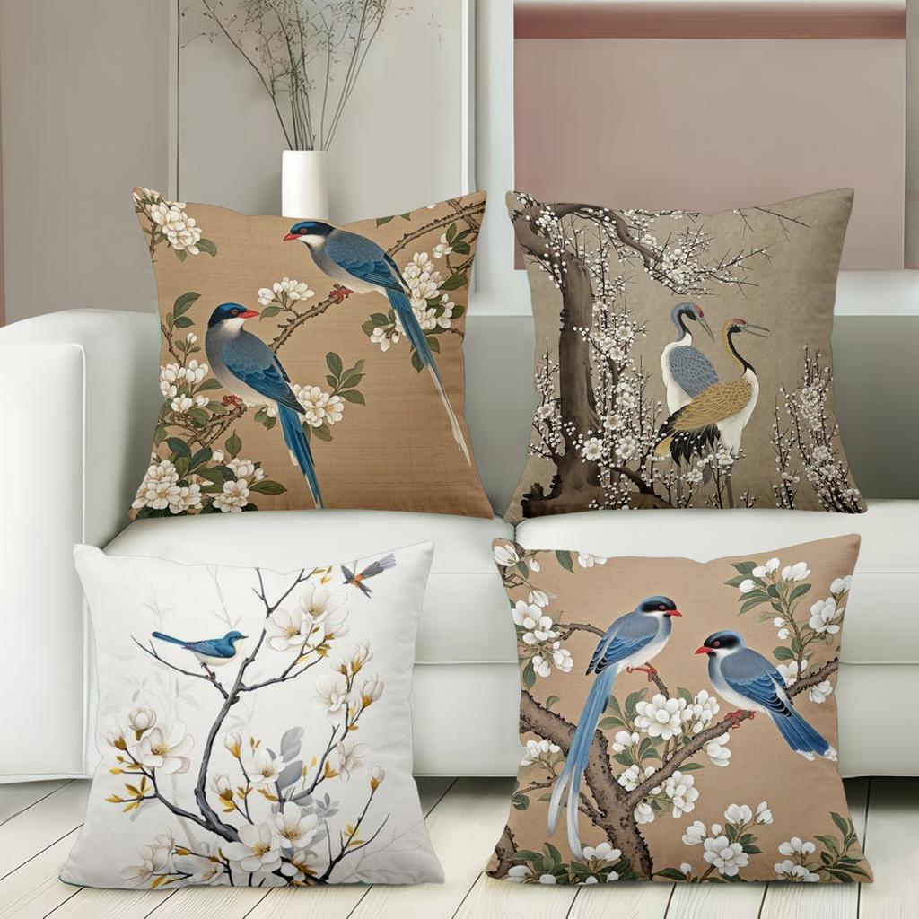 Birds and Blossoms Pattern Decorative Throw Pillow Polyester pillowcase, sofa decorative cushion cov Headboard Pillow