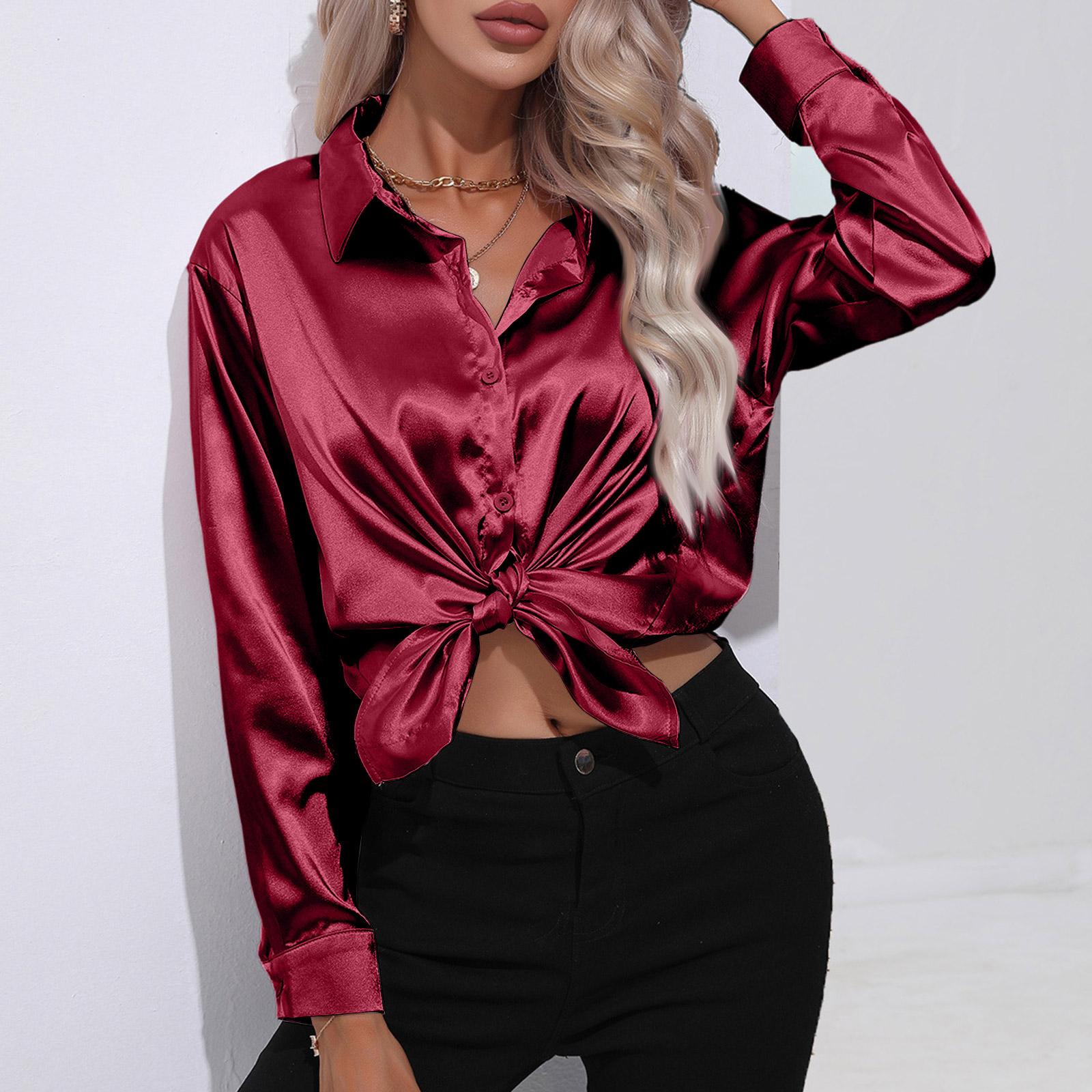 

Women s Satin Long-sleeved Solid Color Collared Shirt/blouse XL винний