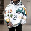 Men S Plus Size Long Sleeve Drawstring Hoodie Construction Vehicle Printed White Pullover With Kangaroo Pocket