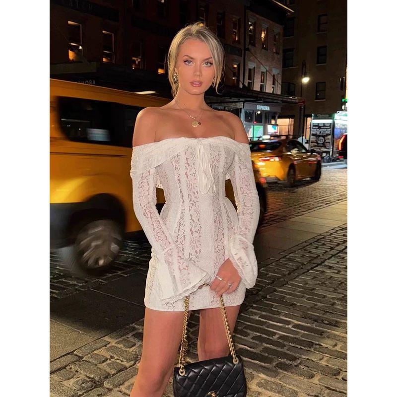 Autumn Story House Same Style Pure Desire Fairy off-Shoulder Lace Tube Top Dress Bell Sleeve Hip Skirt