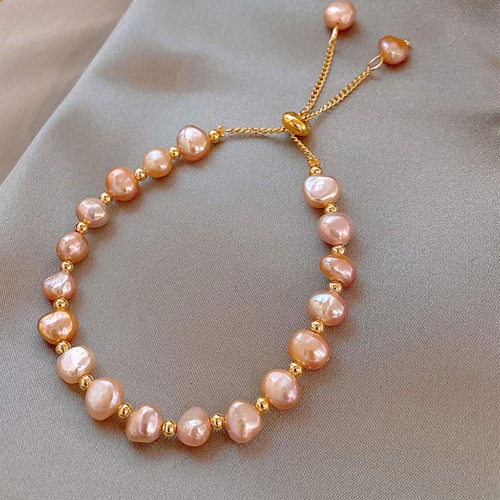 Deelfel Pink 18k Pearl Bangle with Titanium Natural Adjustable Fashion Accessory Women's Bracelet, Gold, Chain, Pearl, Size, Wedding, Party,