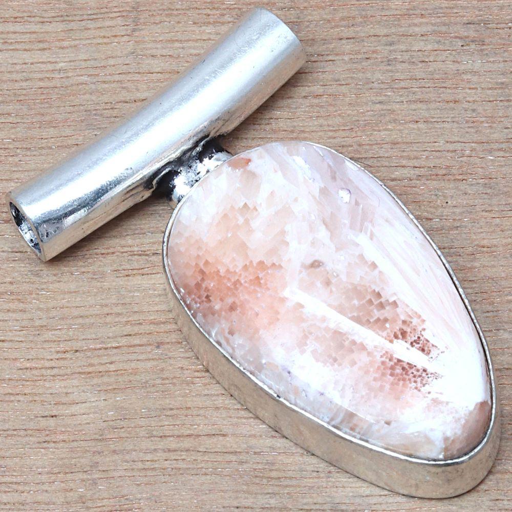 Necklace Scolecite Shell Gemstone Handmade Antique Silver Jewelry 1.5"