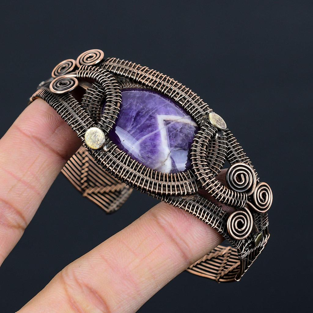 Sage Amethyst Gemstone Pure Copper Wire Wrapped Handmade Cuff/Bangle Jewelry