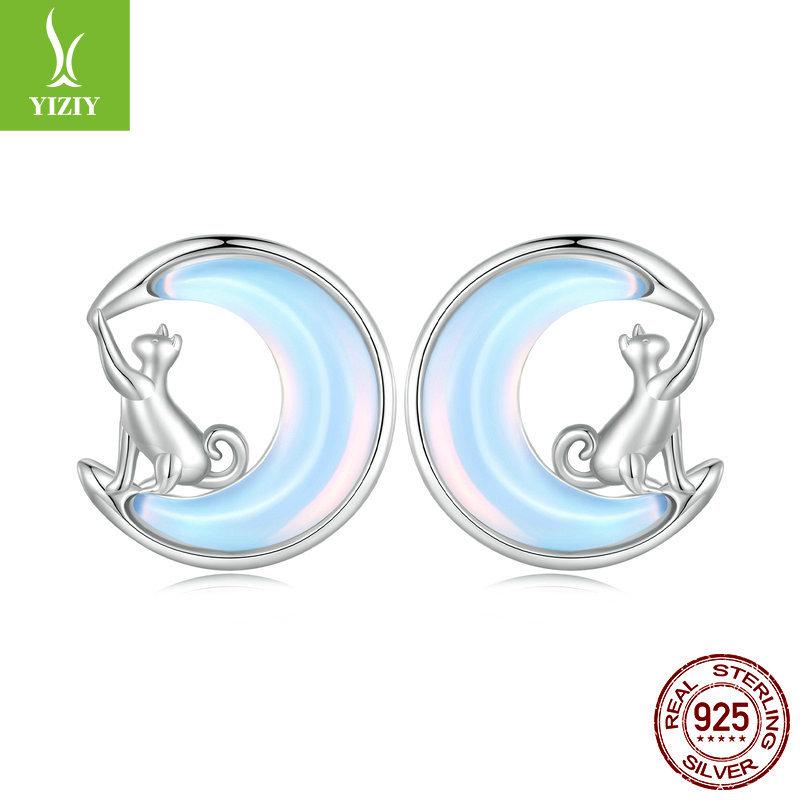 Niche Light Luxury Moon Cat Stud Earrings Female, Temperament S925 Sterling Silver Earrings