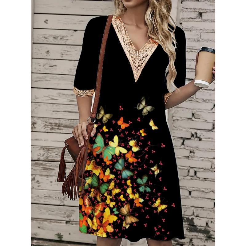 Damen Frühling/Sommer Printkleid Spitze V-Ausschnitt Loose Swing Kurzarm Mittellanges Kleid