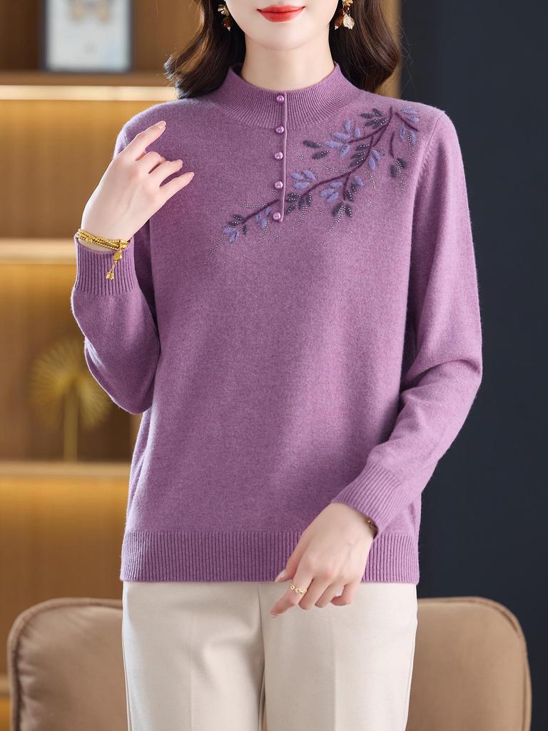 Stylish 100% Pure Wool Embroidered Sweater for Women - Autumn & Winter Half High Neck Knitted Sweater