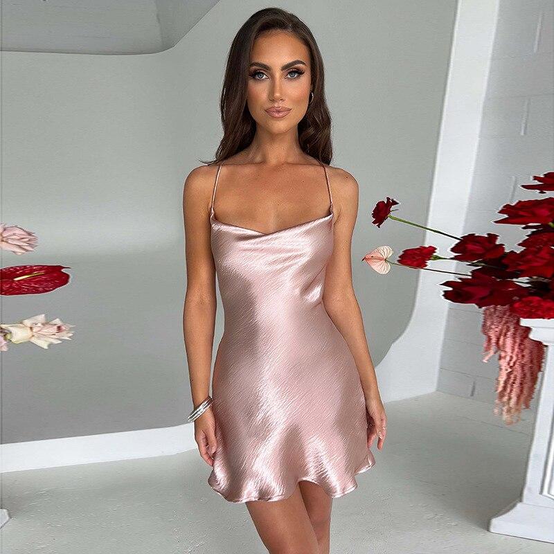 Bandáž na záda Sexy párty minišaty Dámské Letní Saténové Šaty Dáma Bez rukávů Pevné závěsné šaty Elegantní Vestido 25267