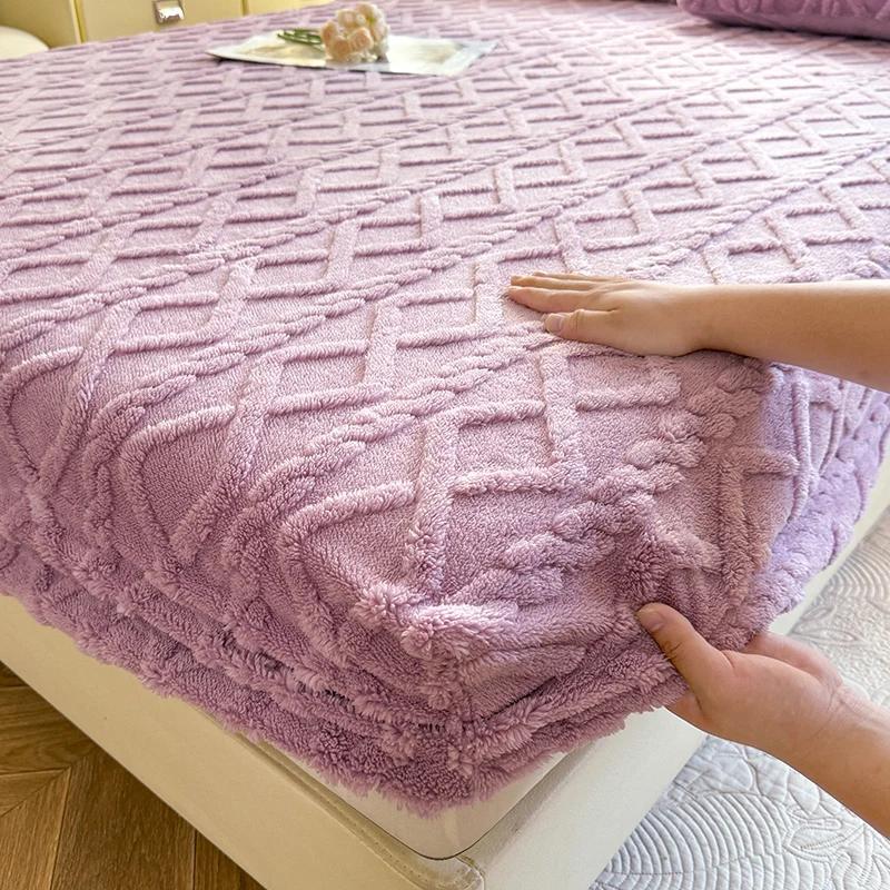 1 pc Fitted Bed Sheet for Winter Thick Warm sabanas Queen Size Solid Color Flannel Fleece Fluffy Bed Cover King Size Bed Sheets