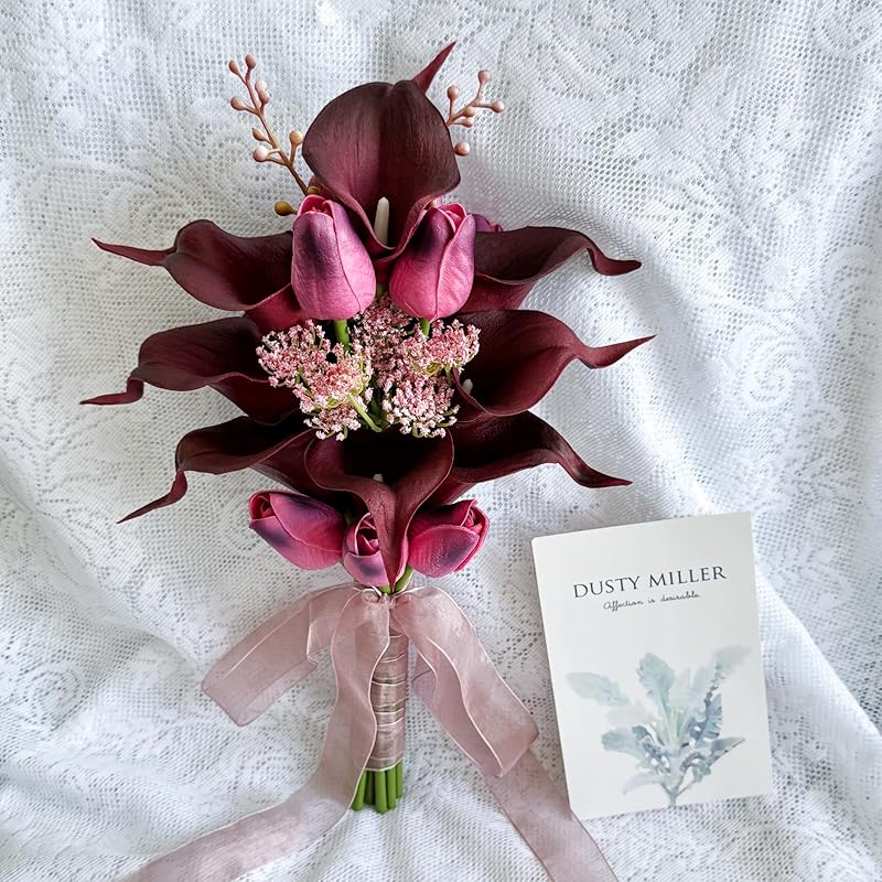 Цветочный букет 10 искусственных калл с 8 искусственными тюльпанами, Букет для подружки невесты для свадебной церемонии, фестивалей, юбилея, свадебный темно-красного