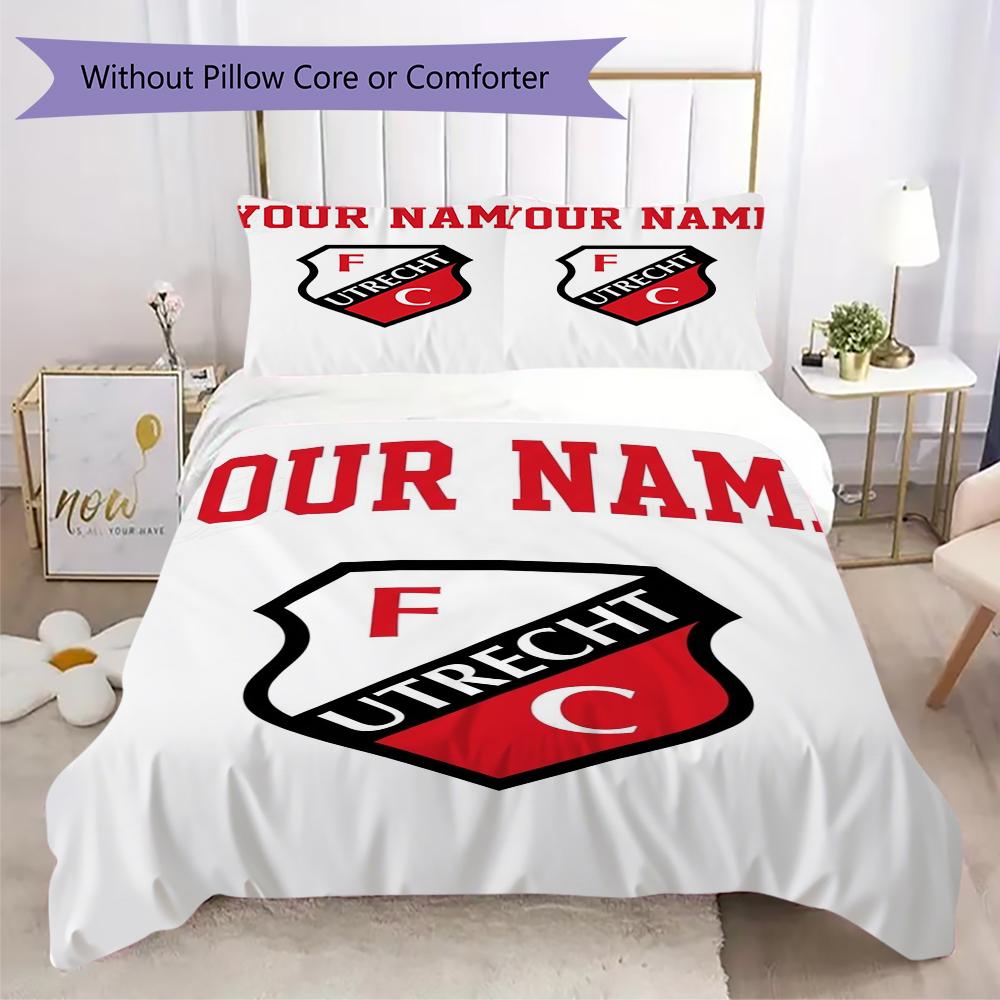 Benutzerdefinierter Name FC Utrecht Muster Bettwäsche Steppdecke Set Steppdecke Bezug Kissenbezug Heimdekoration Geburtstagsgeschenk (1*Bettbezug+2*Kissenbezug ohne Füllung)