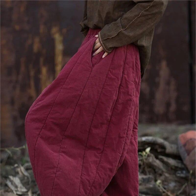 Johnature Women Plus Cotton Warm Winter Bloomers Pants Loose Pockets Vintage Thick Women Long Pants