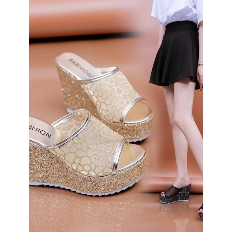 Mode 2025 Bling Goldene Damen Hausschuhe Sommerschuhe Plateau(4 cm) Außerhalb der Umkleidekabine 11 cm High Heels Wedges aus massivem Mesh für Damen