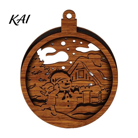 Natural Log Craft Gifts 3D Wooden Light Up Christmas Ornament, Layered House Tree Snowman Wood Engraving Decor Nativity Scene Hanging Decoration