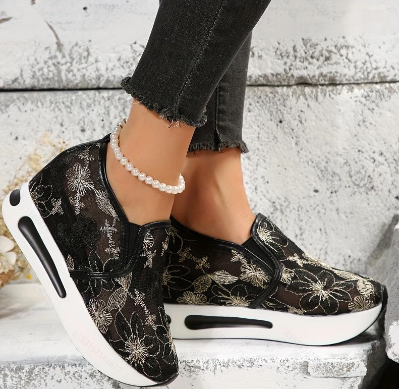 Damesschoenen Bloemenborduurwerk Mesh Sneakers voor dames Instapper Casual Comfortabele schoenen met hoge hak Vrouw