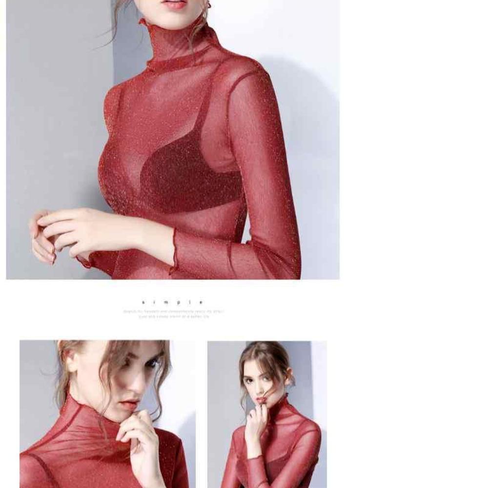 Sexy dámské tričko průhledné síťované topy s dlouhým rukávem průhledné tenké dámské rolák světlé triko