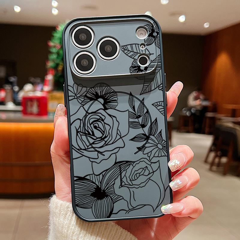 Case For iPhone 17 Pro Max Line Rose Flowers Leaves Pattern Magnetic For Magsafe Hybrid Slim Matte Cover For iPhone 16 15 14 13 Pro Max