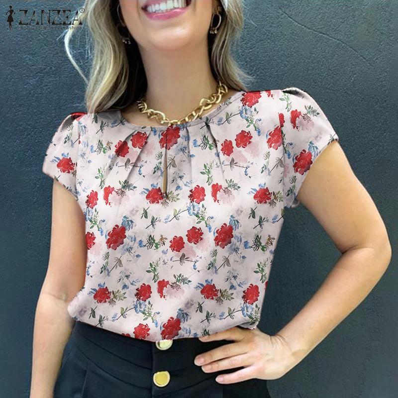 

ZANZEA Женская повседневная летняя блузка с цветочным принтом и коротким рукавом с круглым вырезом 2XL зелёный