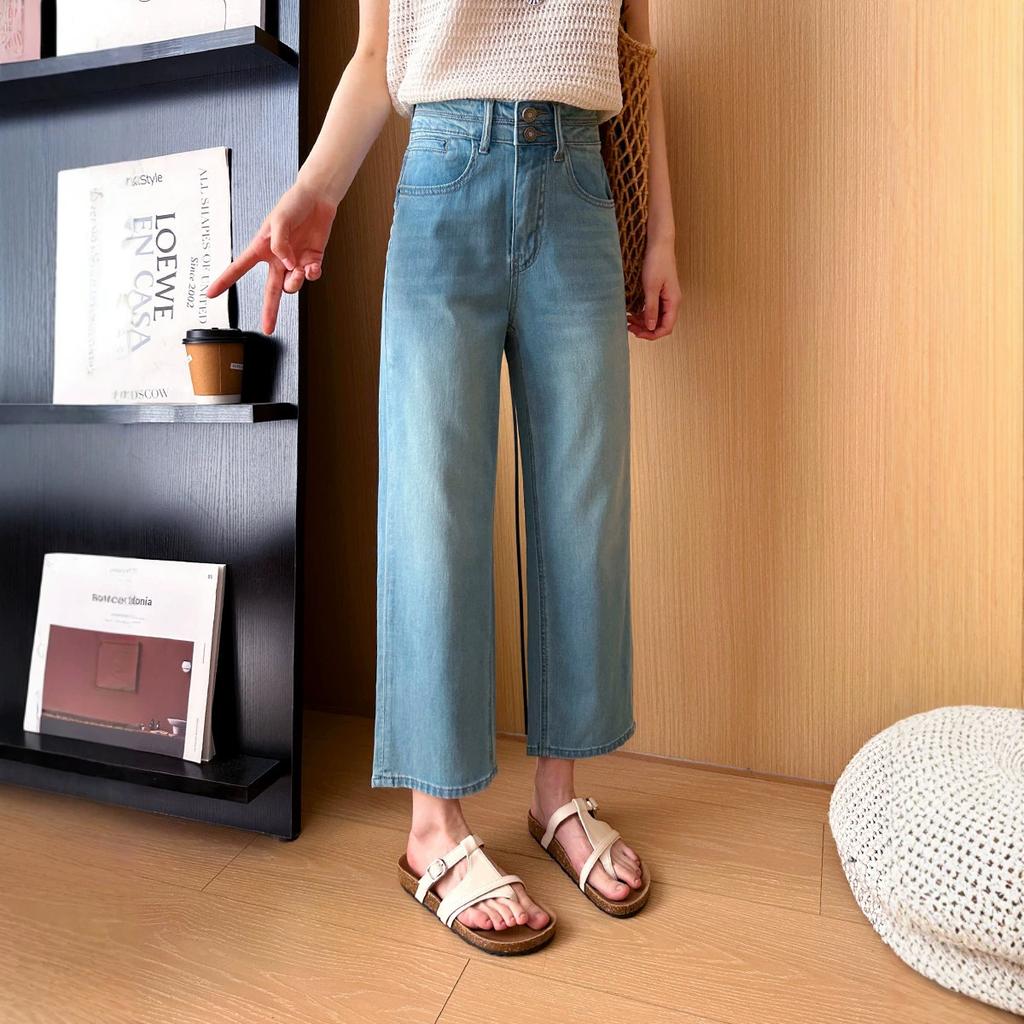 Women's High Waist Straight Leg Jeans Straight Pant Lazy Style Ultra Thin Washed Four-way Stretch Summer Petite Cropped Denim Trousers