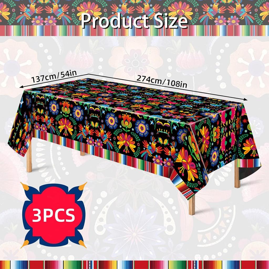 3 Pieces 54 x 108 Inches Mexican Fiesta Plastic Tablecloth, Disposable Rectangle Table Covers with Floral and Serape Stripe for Cinco de Mayo, Taco