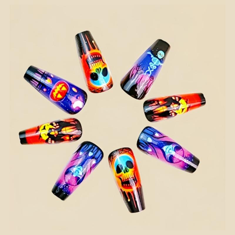 Beautiful Halloween Press-On Nail Set of 24 - Skeleton, Pumpkin, and Bat Designs Perfect for Festive Nail Art Enthusias