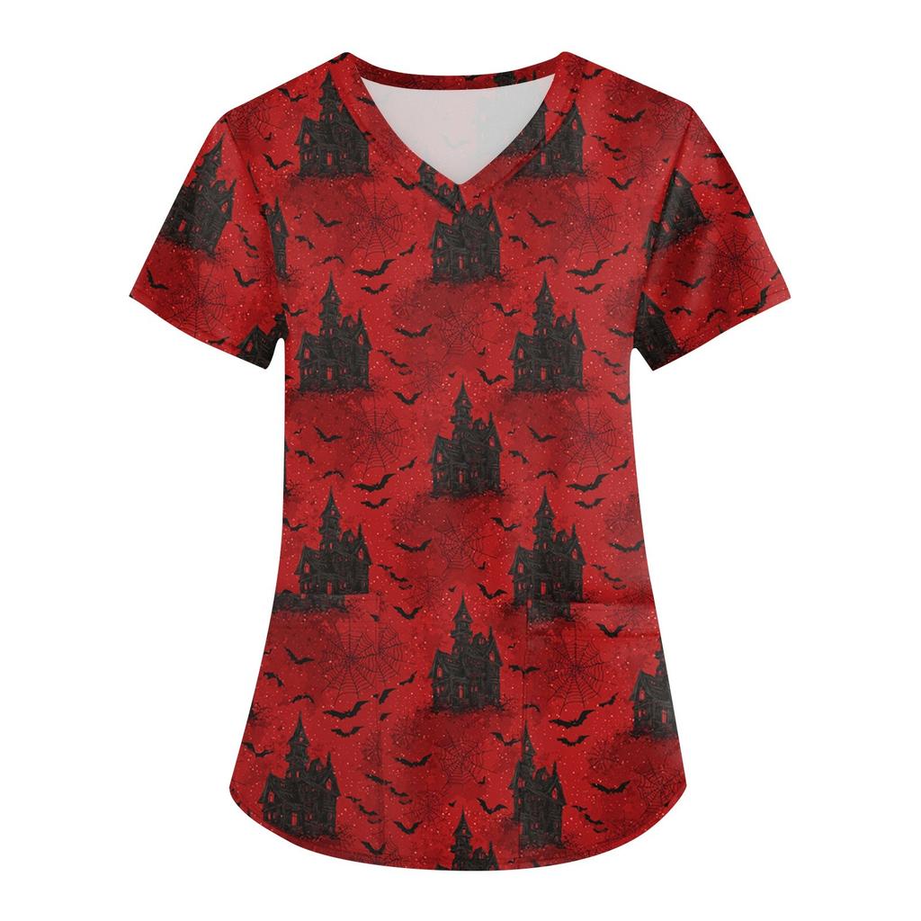 Women's Printing Uniform Work Uniform V-neck Pockets Basic Short Sleeve Pullover Top