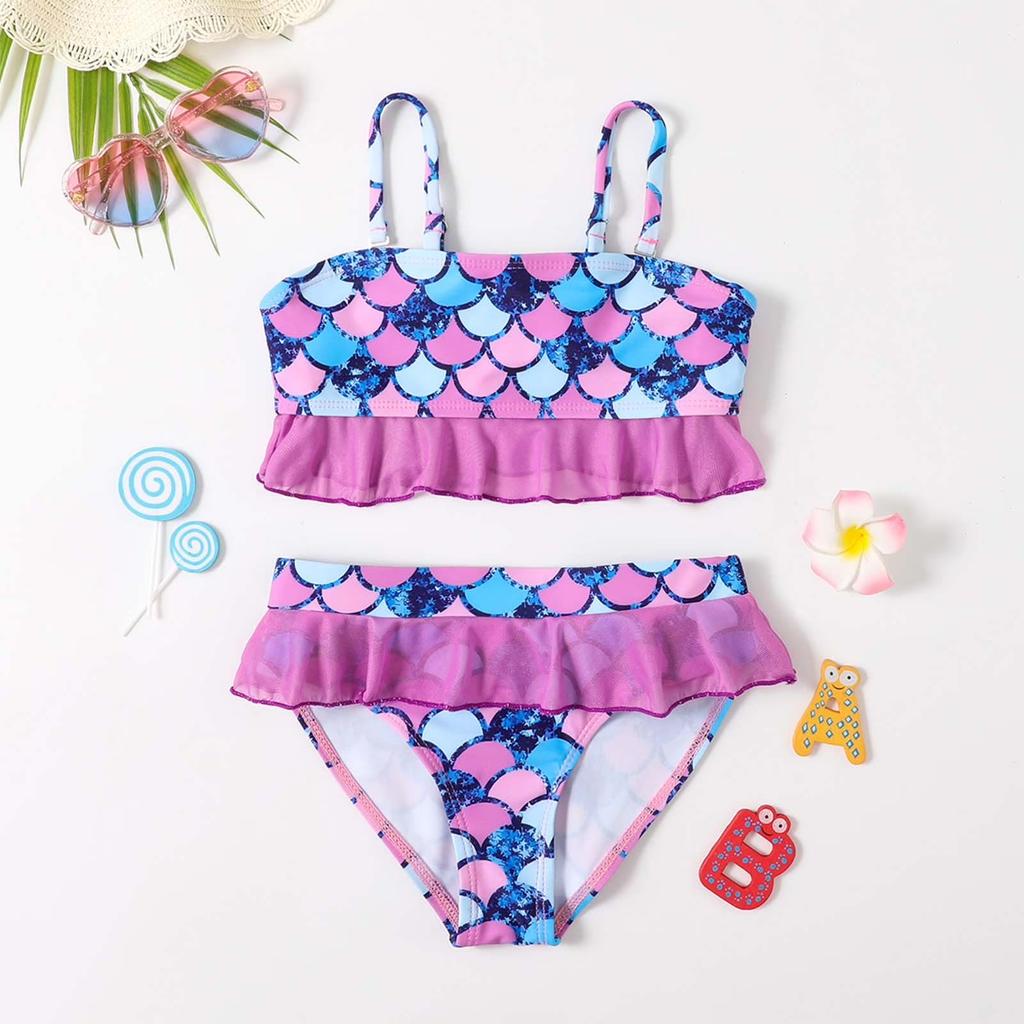 Girls Two Piece Bikini Set Swimwear Tankini Top with Adjustable Straps and Ruffle Detail Bottoms for Beach Pool Water Activities